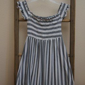 Black and White striped dress; size  M; ruched top